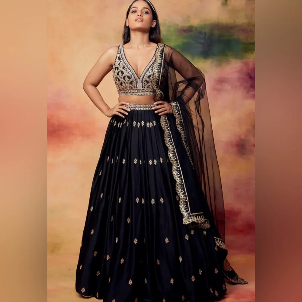 Black and Gold Embroidered Lehenga Set - Picture 1 of 12